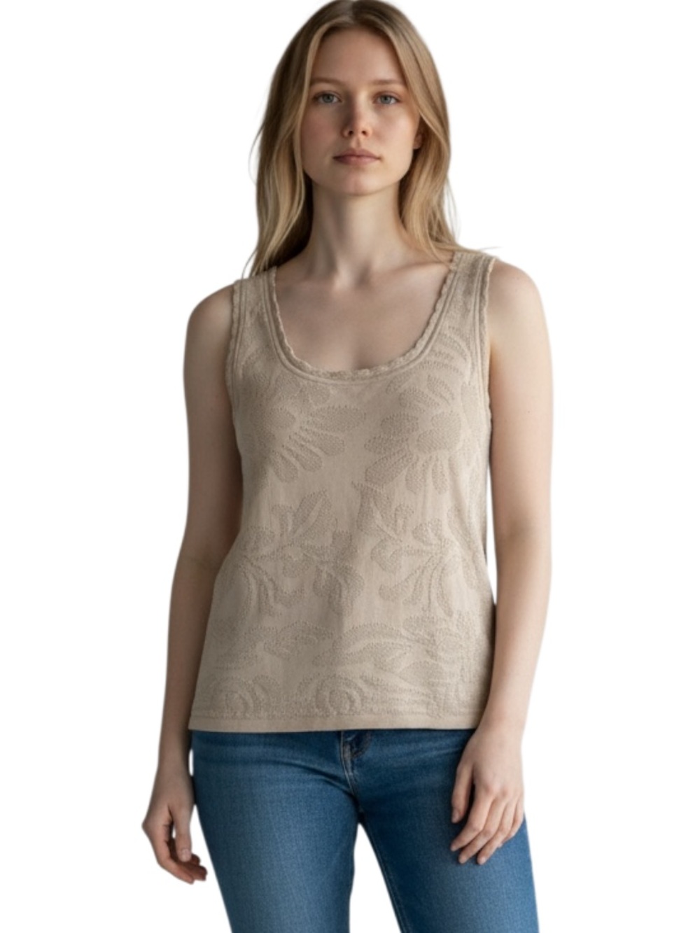 Chico's Taupe Floral Textured Scoop Neck Tank